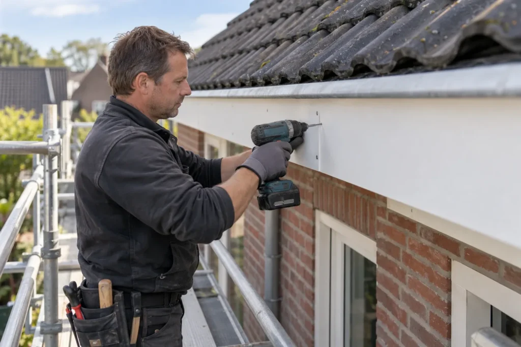 Vakman schroeft een wit boeiboord vast vanaf een steiger in Nieuwegein