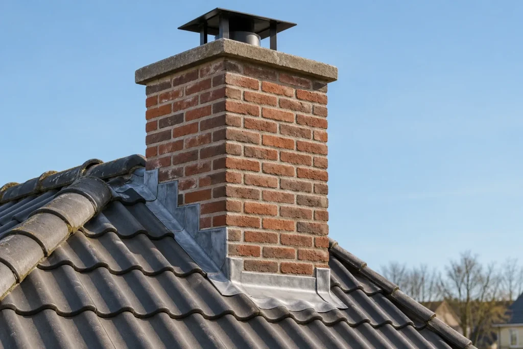 Gemetselde schoorsteen met kap en nieuw loodwerk op een pannendak in Nieuwegein