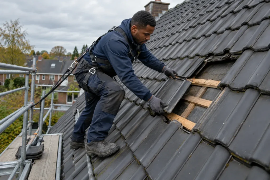 Dakdekker vervangt losse dakpannen op een pannendak bij een steiger in Nieuwegein