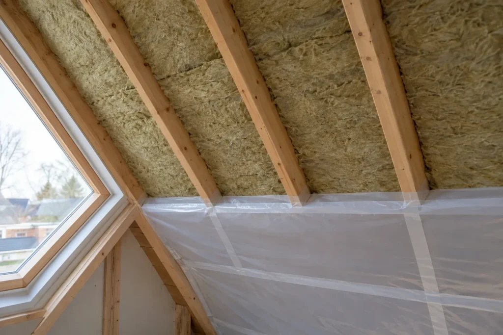 Minerale wol tussen de spanten met dampremmende folie eronder in Houten