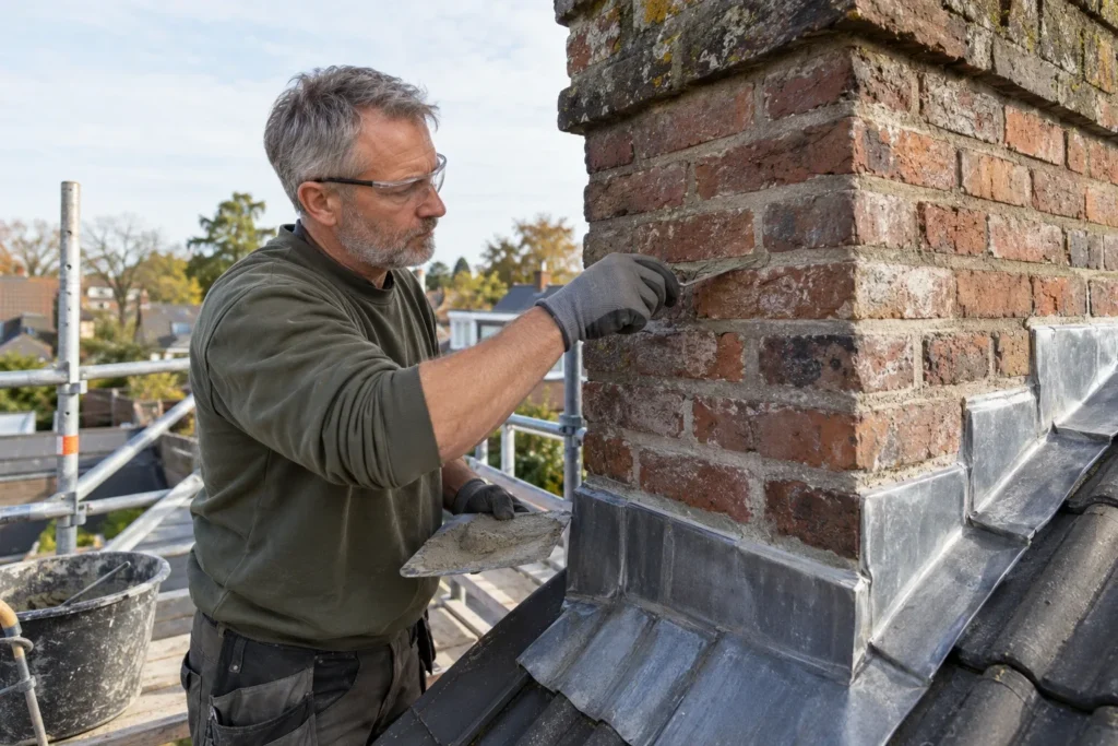 Vakman herstelt het voegwerk van een bakstenen schoorsteen in Nieuwegein