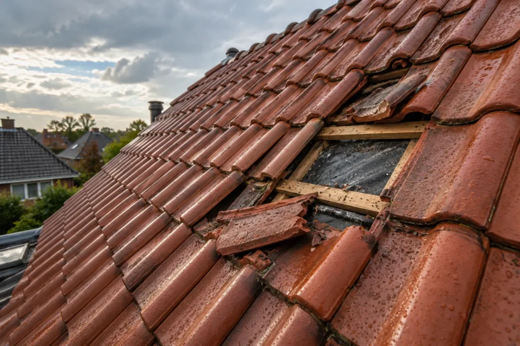 Kapotte en verschoven dakpannen met een open gat in het dak in Nieuwegein